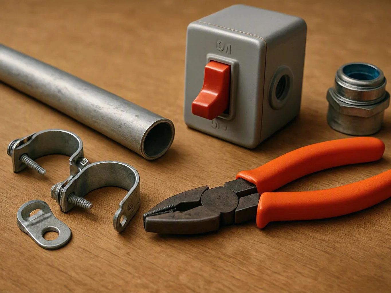 Metal conduit parts and orange-handled pliers arranged on a wooden work surface