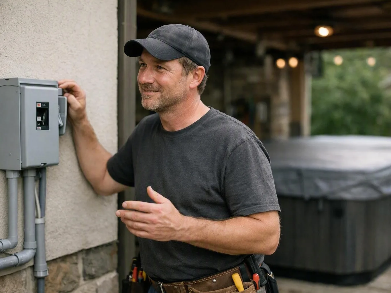 Electrician inspecting an exterior electrical box beside a house and hot tub