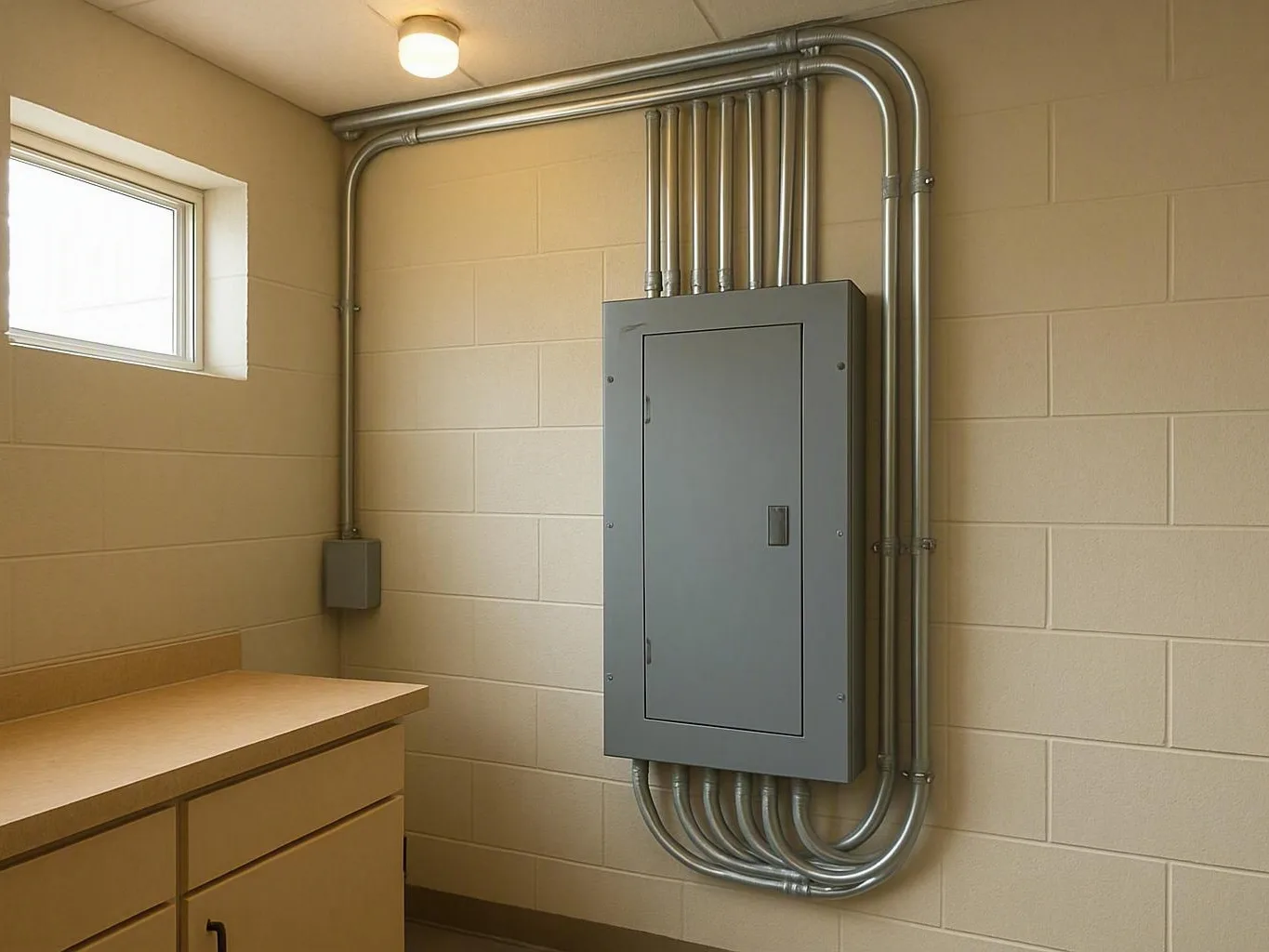 Gray electrical panel with metal conduits mounted on a beige block wall
