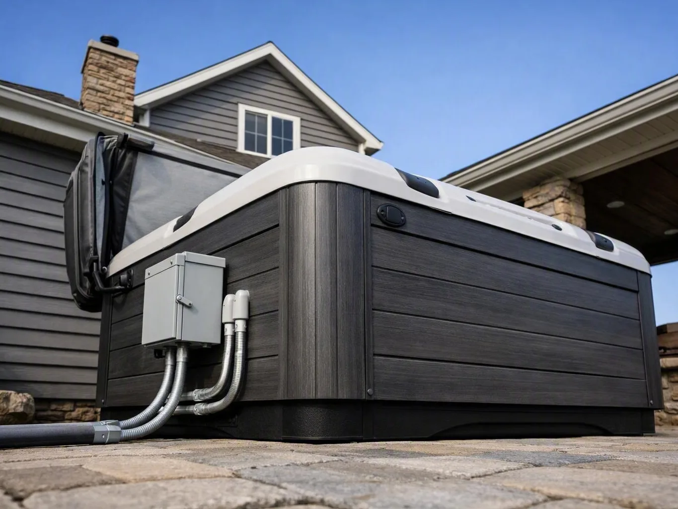 Dark outdoor hot tub on a stone patio beside a gray house