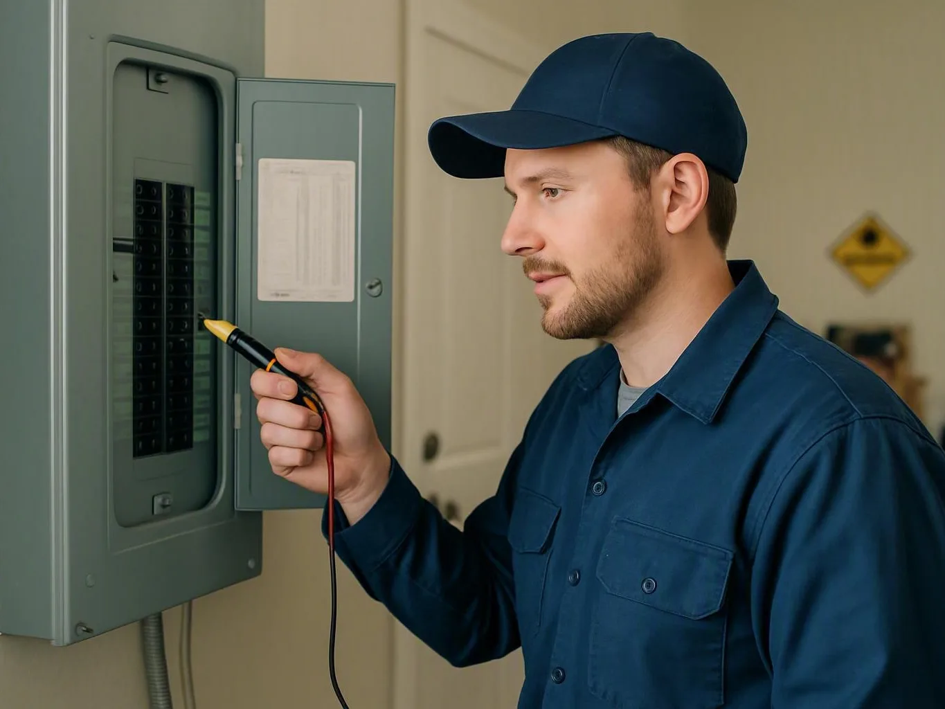Electrician tests an open electrical panel with a probe in a hallway