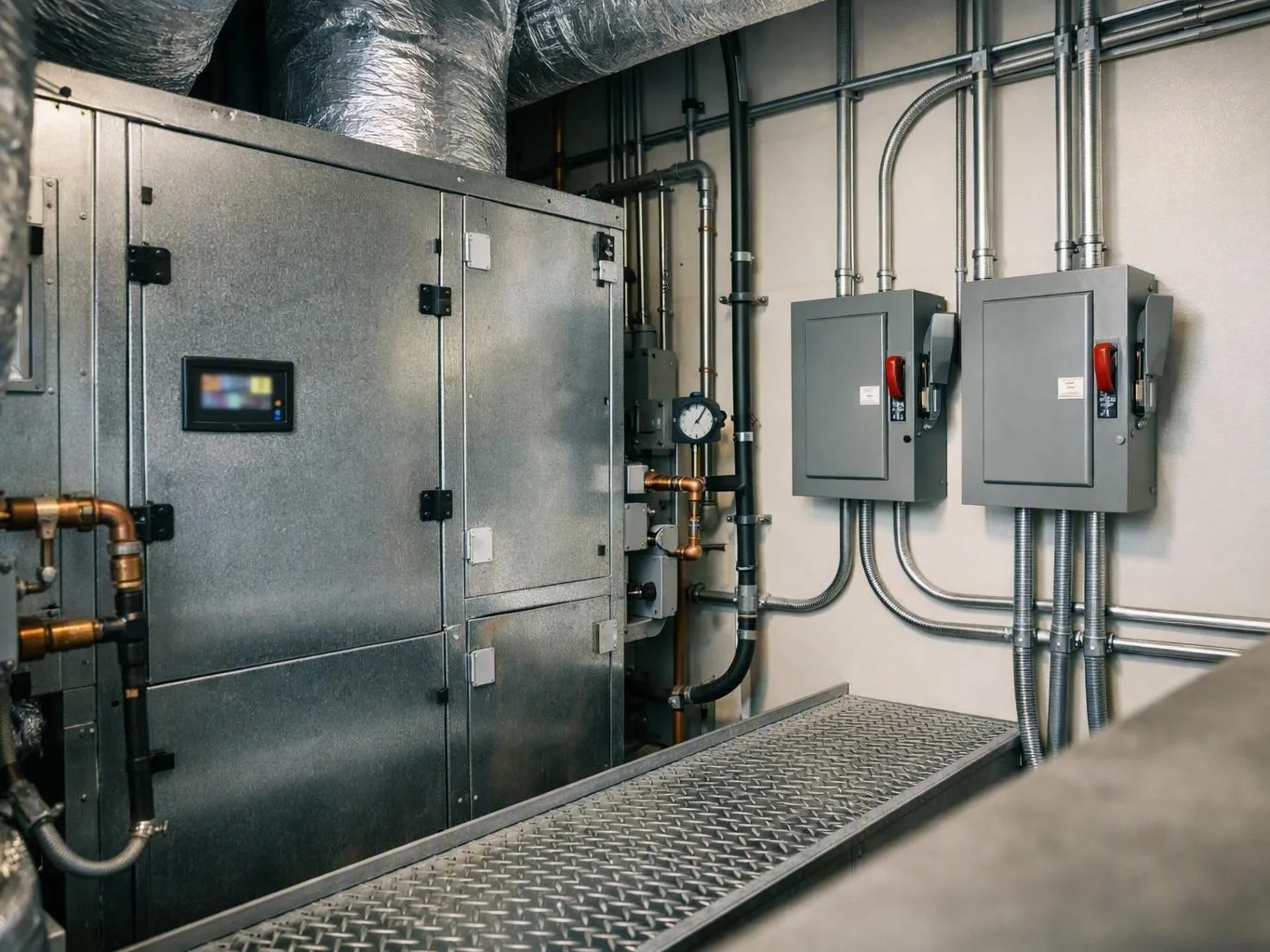 Industrial HVAC equipment, control boxes, pipes, and ductwork fill a utility — Does Parking Lot Lighting Work in Fort Wayn...