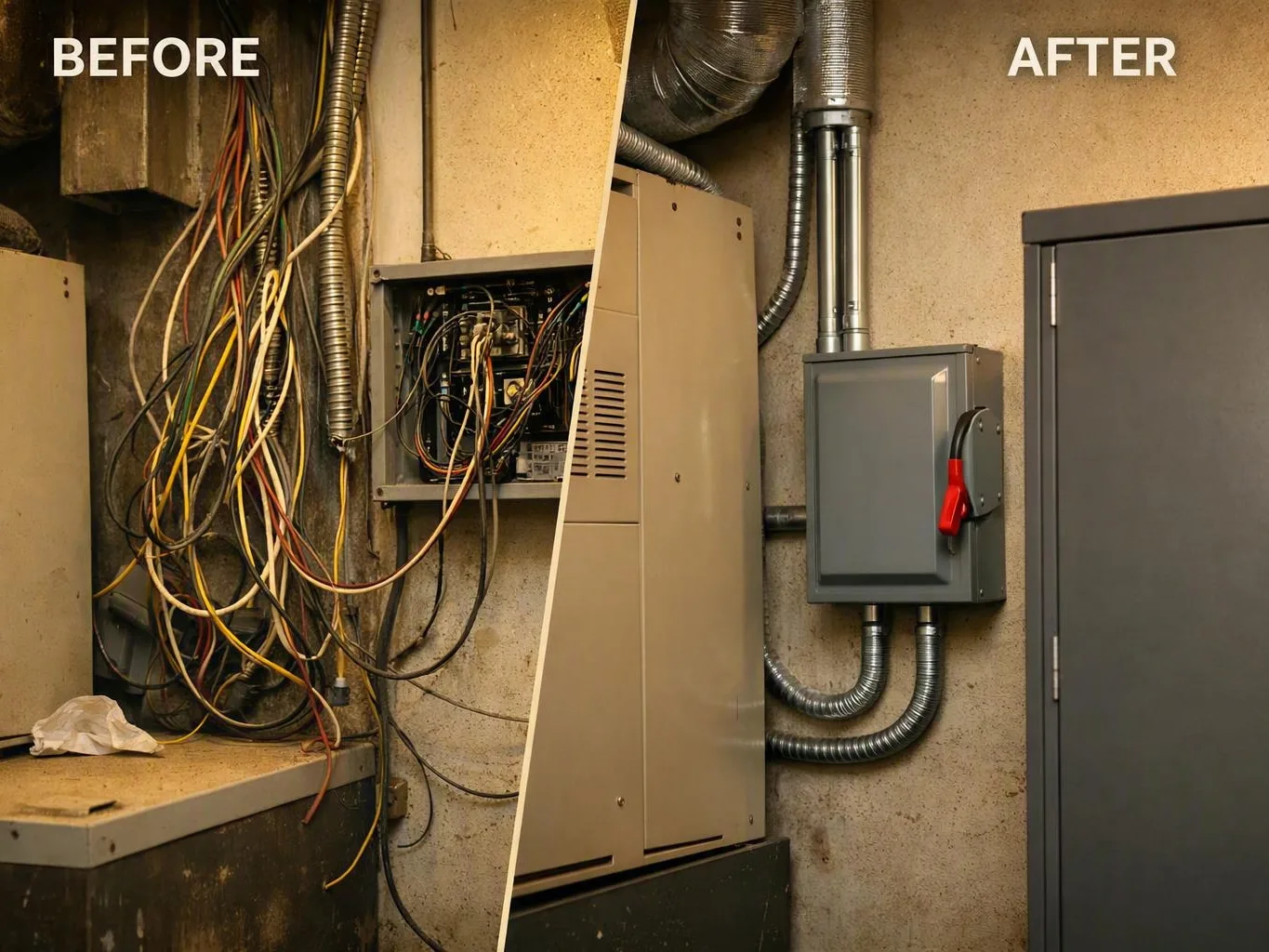 Split view shows a messy electrical panel before and an organized wall-mounted