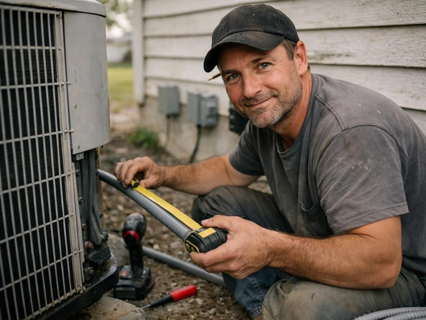 Technician measures an outdoor air conditioner beside a residential house