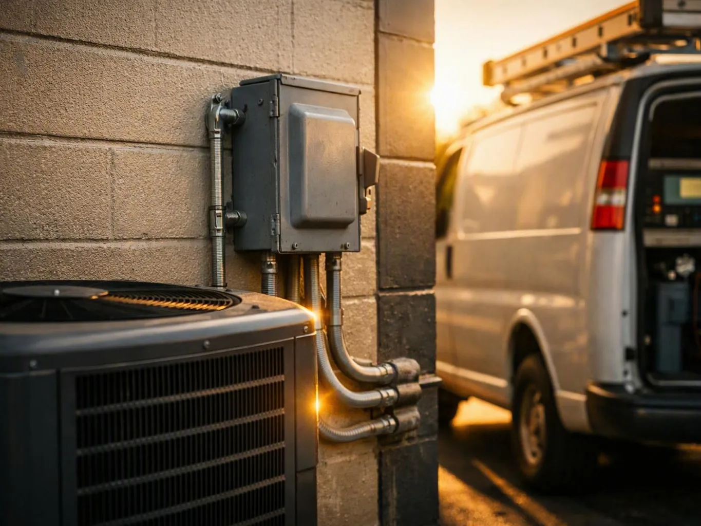 Outdoor utility wall with electrical box, conduit pipes, and white service van