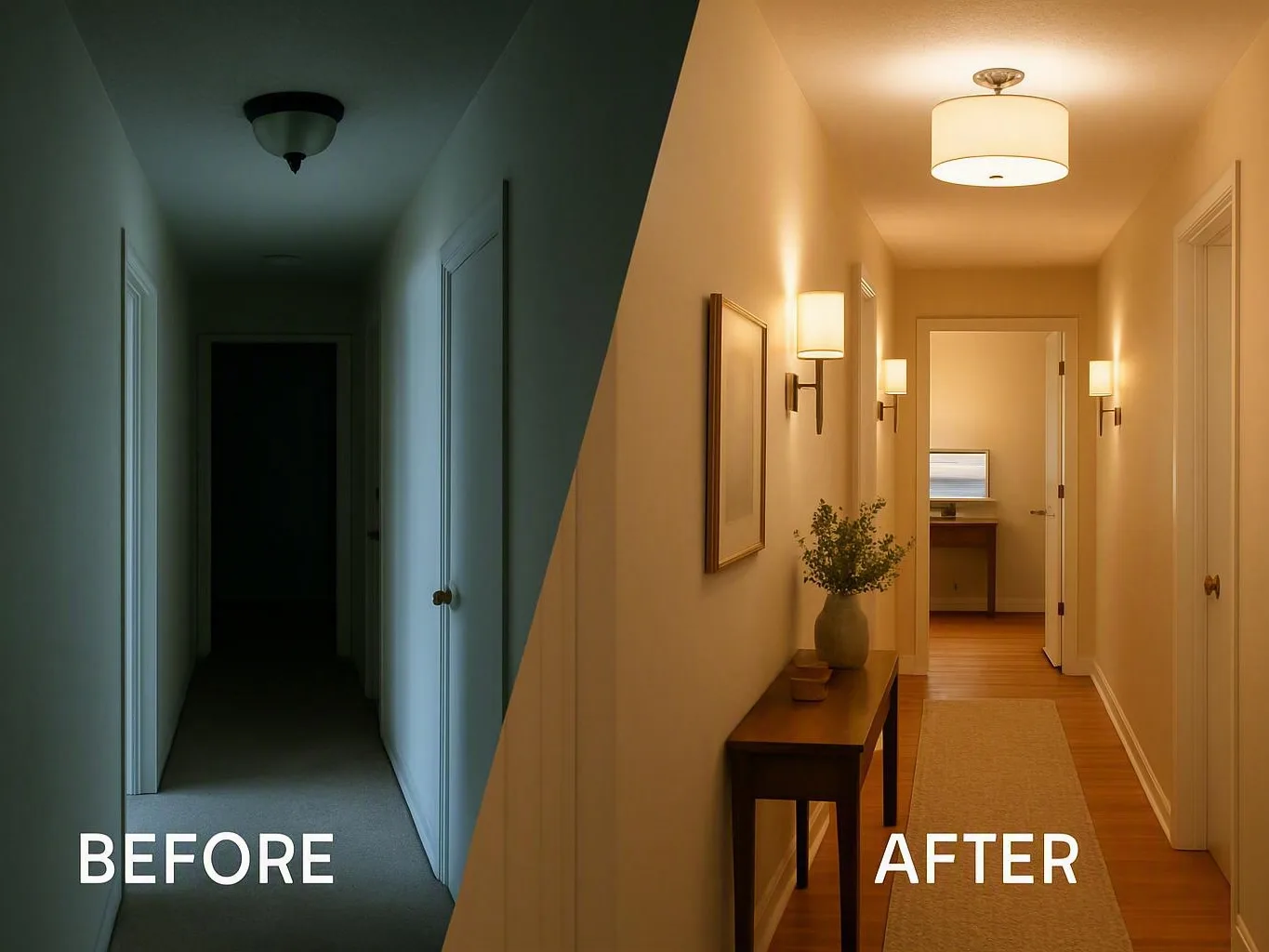 Split-screen hallway renovation showing a dark unfinished space beside a bright