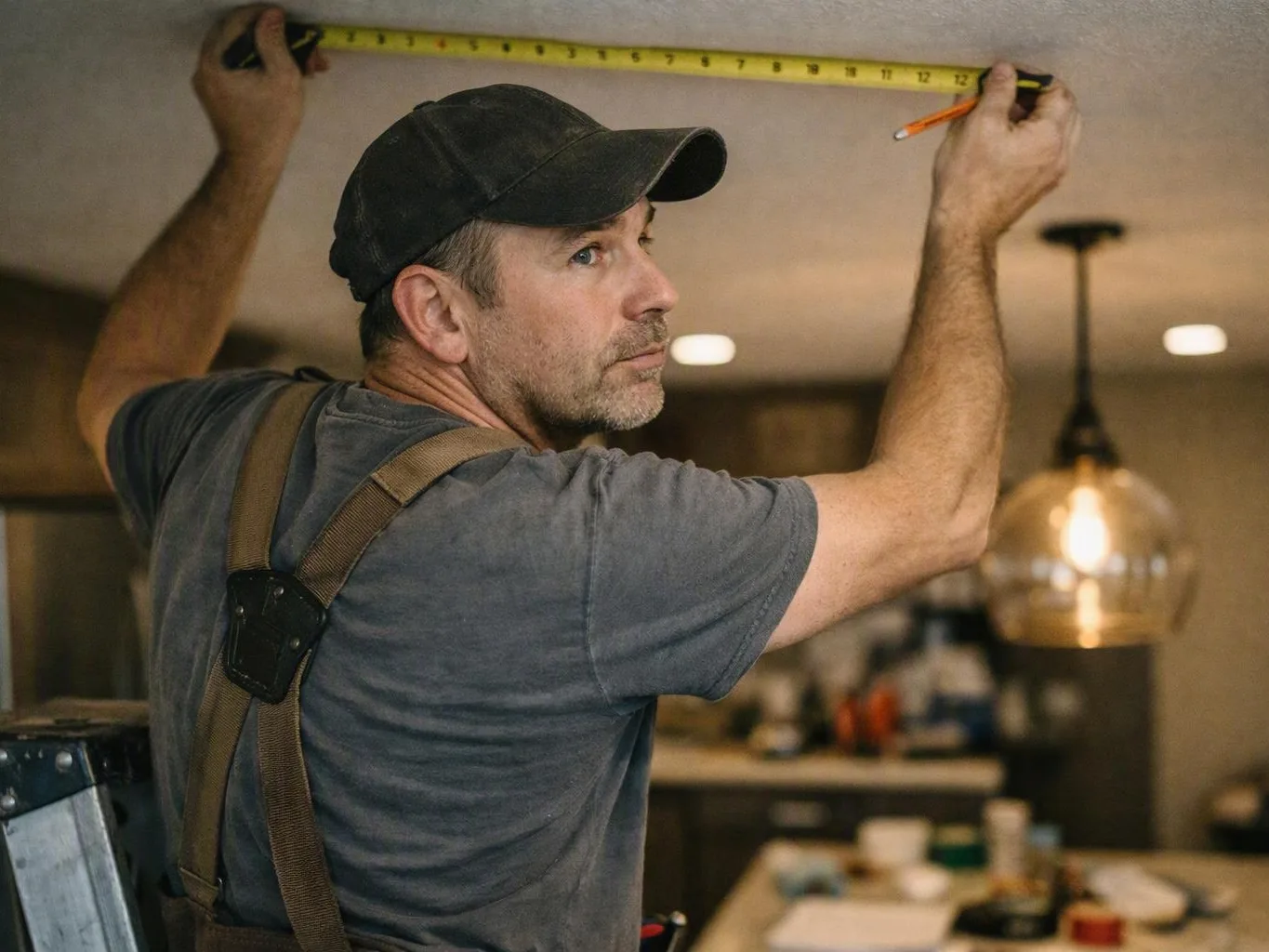 Worker on a ladder measuring a kitchen ceiling with a tape measure