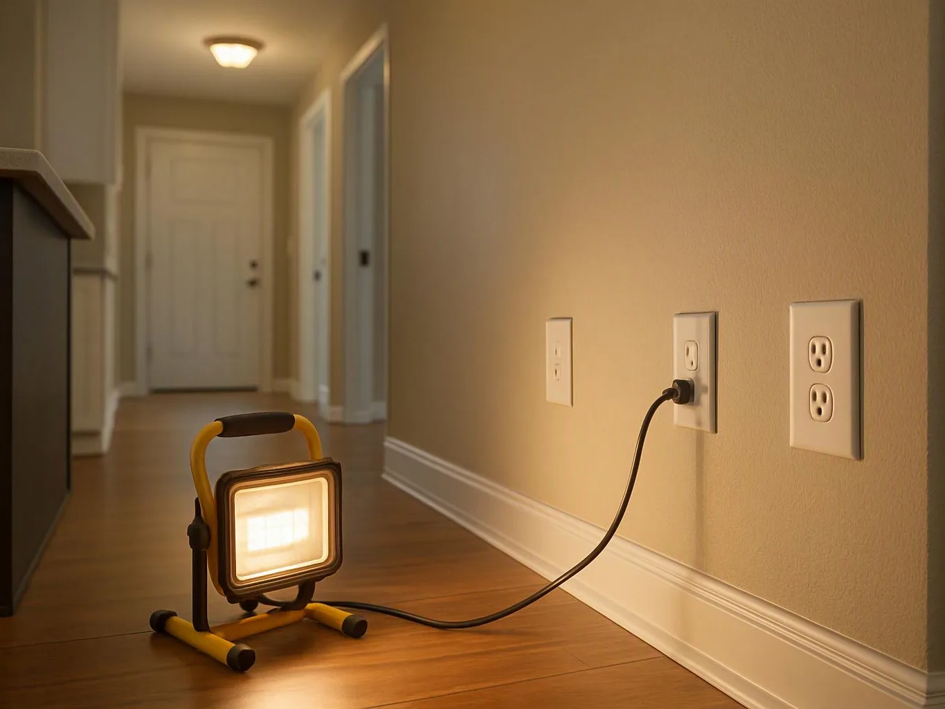 A portable work light glows on a hallway floor beside a wall outlet and baseboard trim
