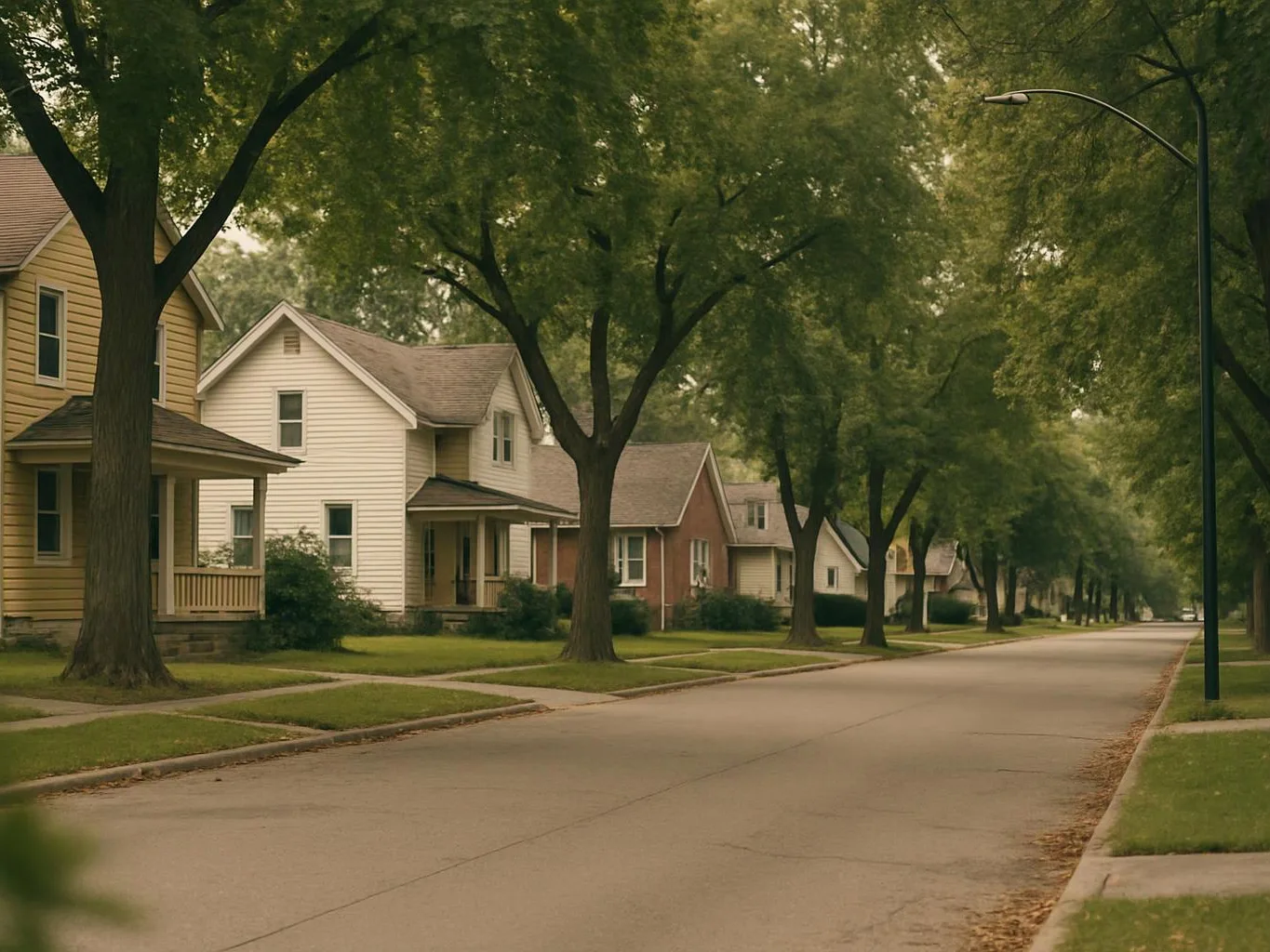 Quiet suburban street lined with large trees and small houses beside an empty road