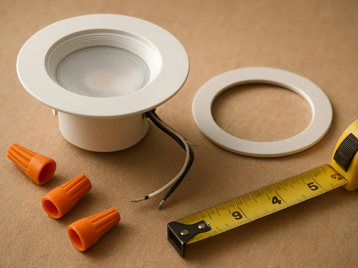 A recessed light fixture sits beside a trim ring, wire nuts, and a measuring tape on cardboard