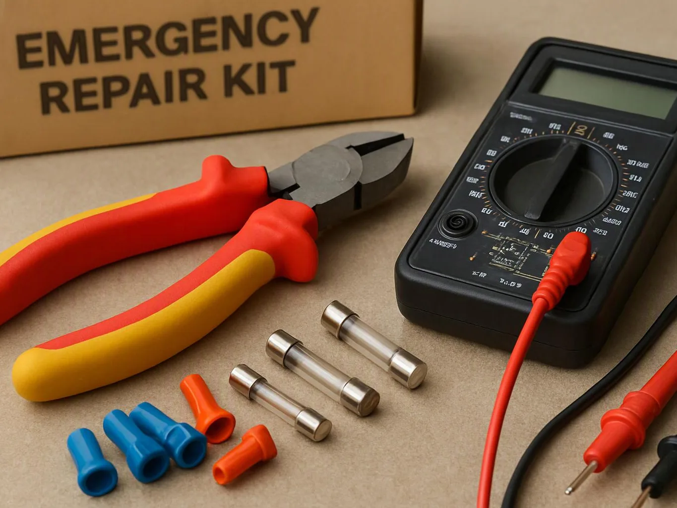 A repair kit display shows pliers, a multimeter, fuse tubes, and colored connectors on a cardboard surface