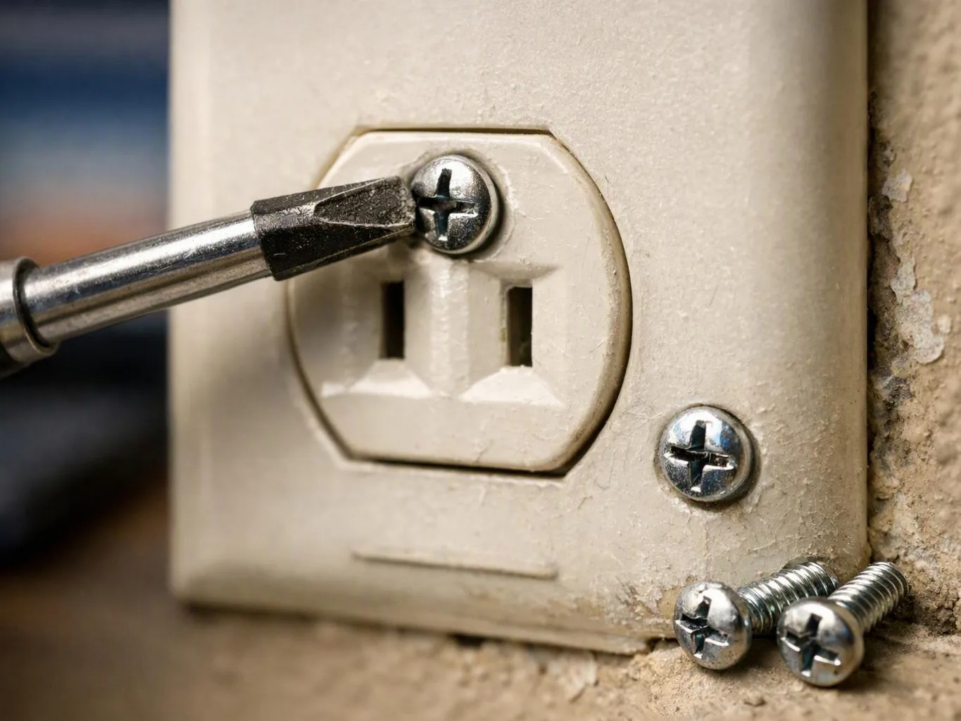 A screwdriver tip loosens a wall outlet cover screw beside two loose screws on a textured surface