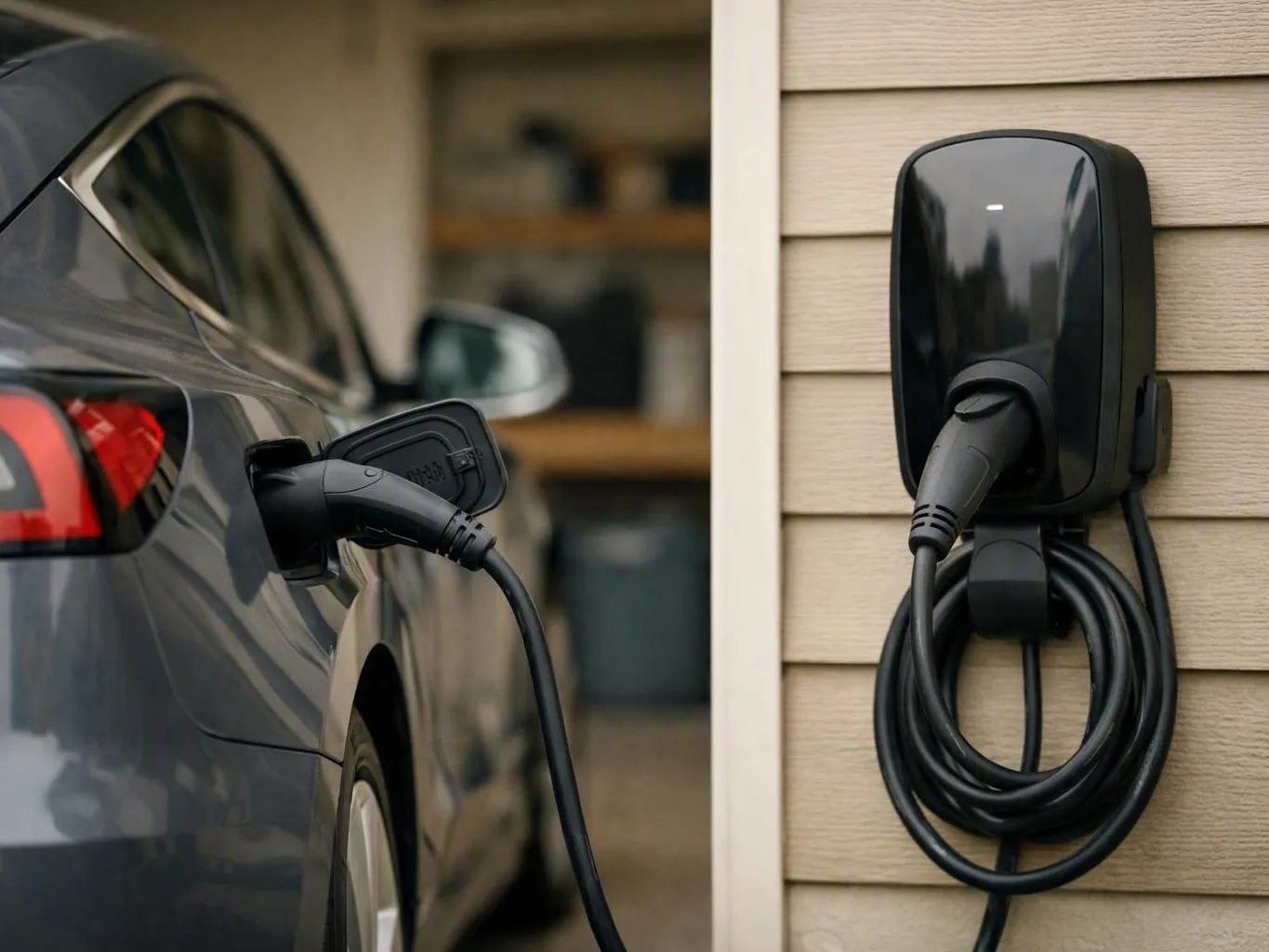 Electric car plugged into a wall-mounted charger outside a residential house