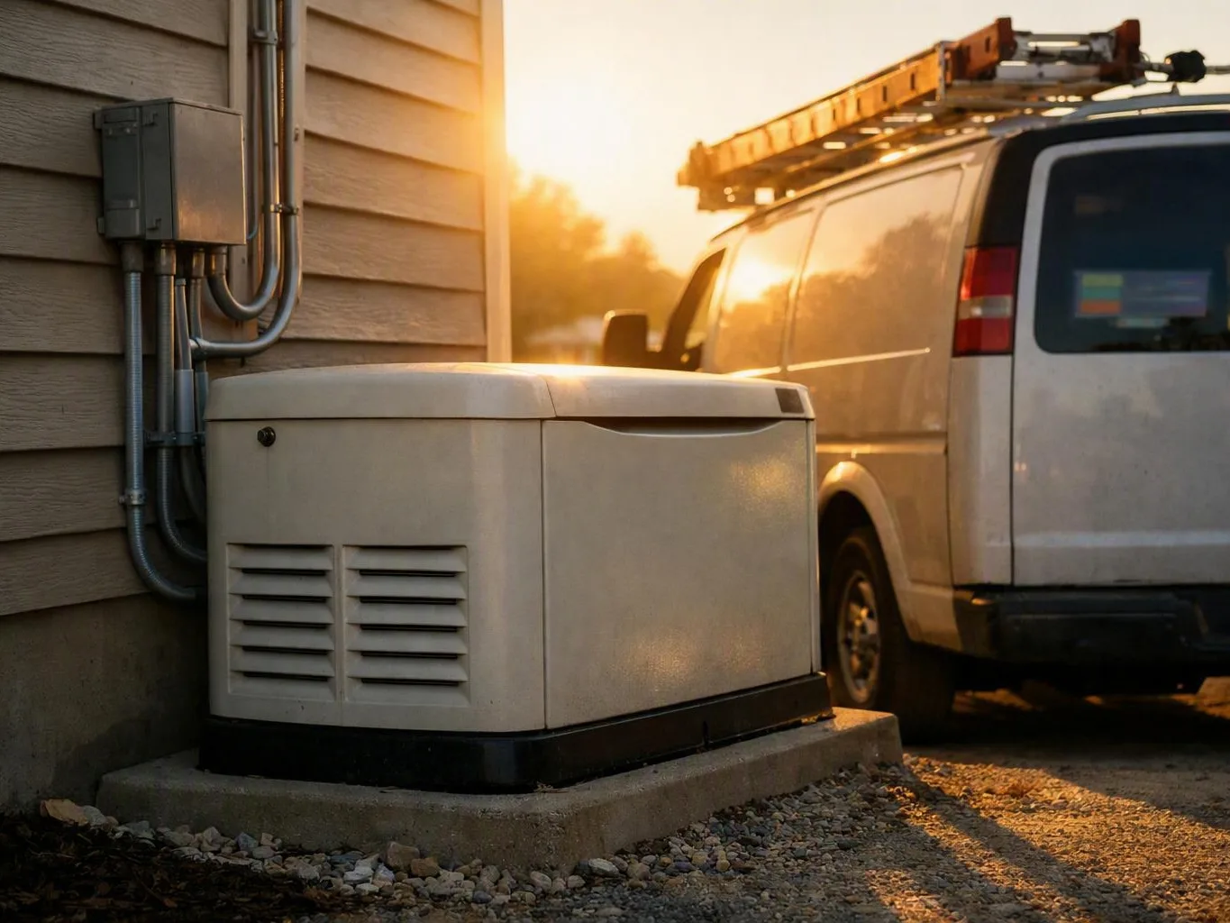 White backup generator beside a house with a work van parked nearby in warm sunset light