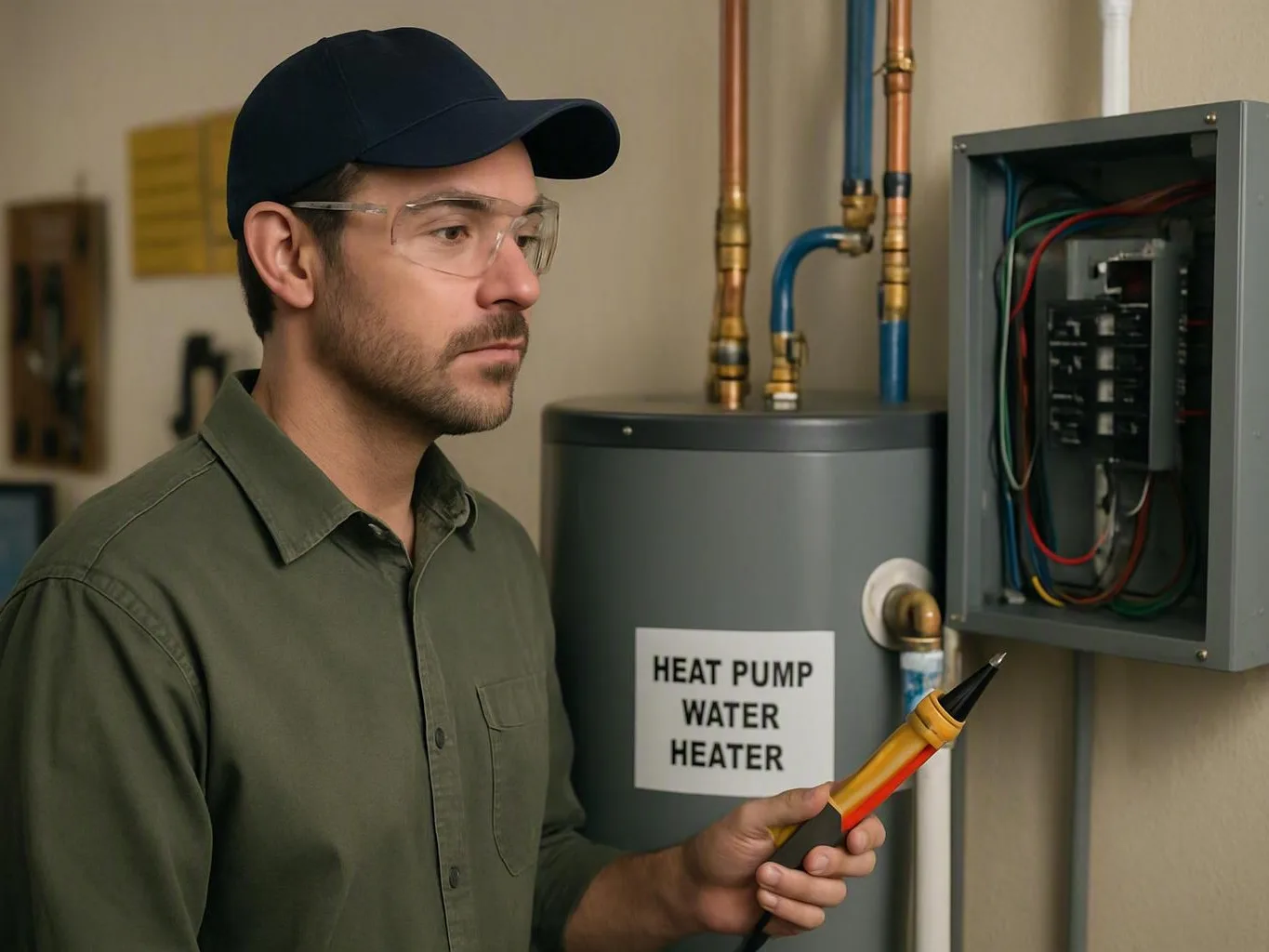A man in safety glasses inspecting an open electrical panel beside a heat pump