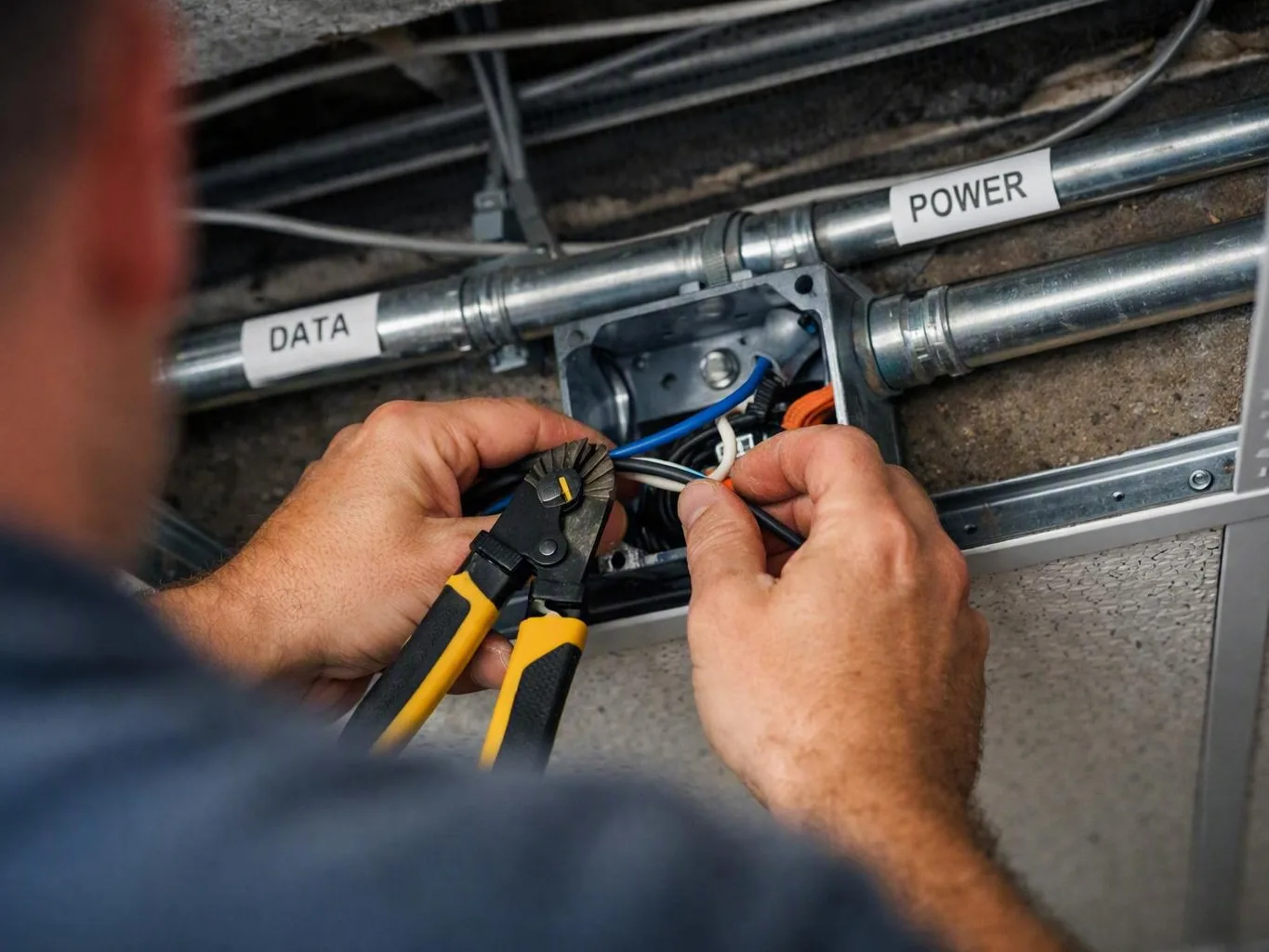 Technician strips wires inside an open electrical box labeled DATA and POWER