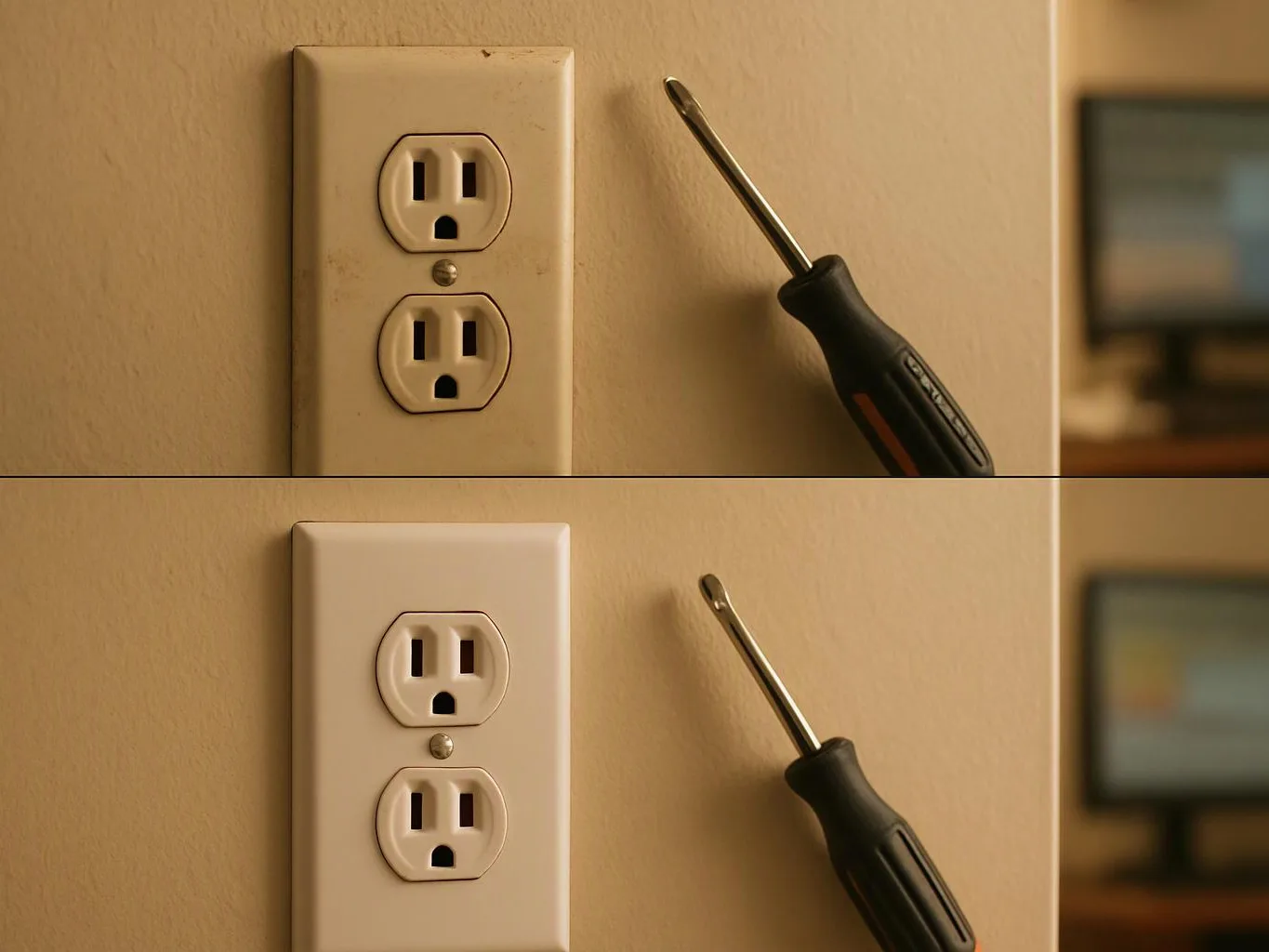 A side by side image shows a worn outlet plate above and a cleaner one below, with a screwdriver beside each on a beige wall