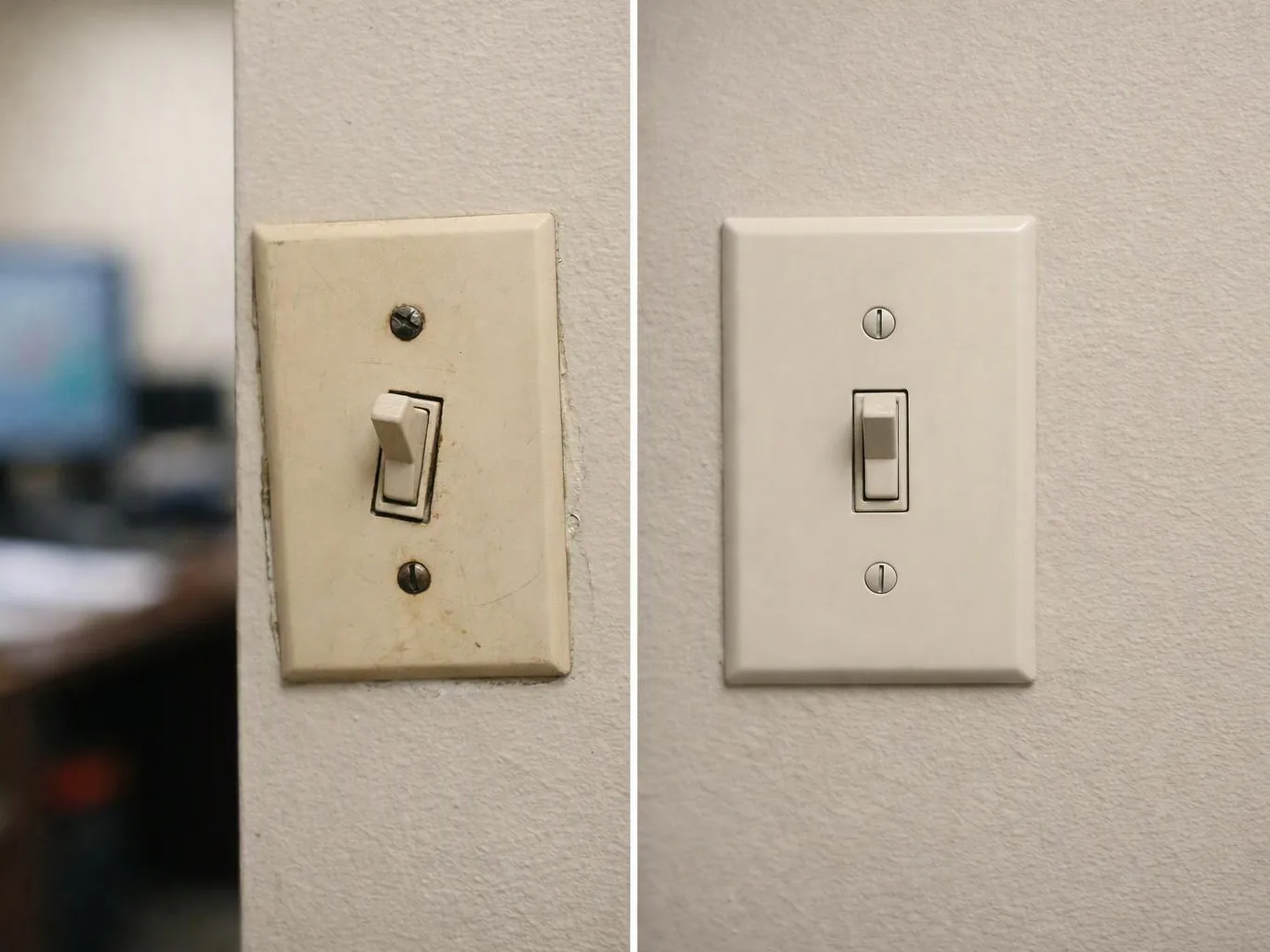 A side-by-side view shows an old dirty light switch replaced by a clean white switch on a textured wall