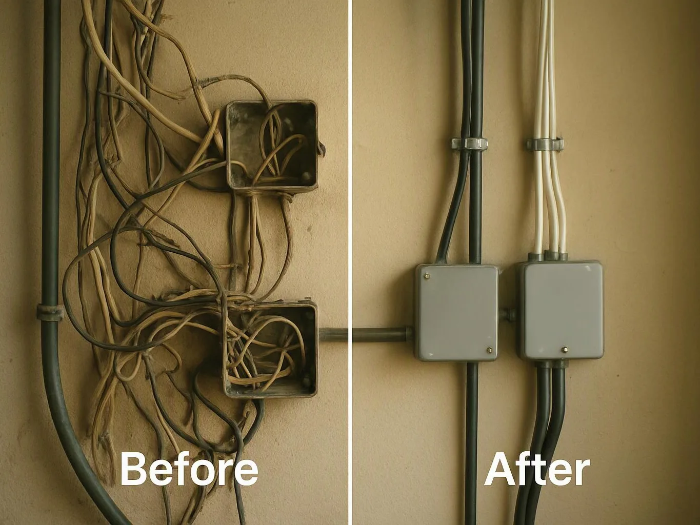 Side by side view shows tangled wall cables before, and neatly routed conduit and boxes after