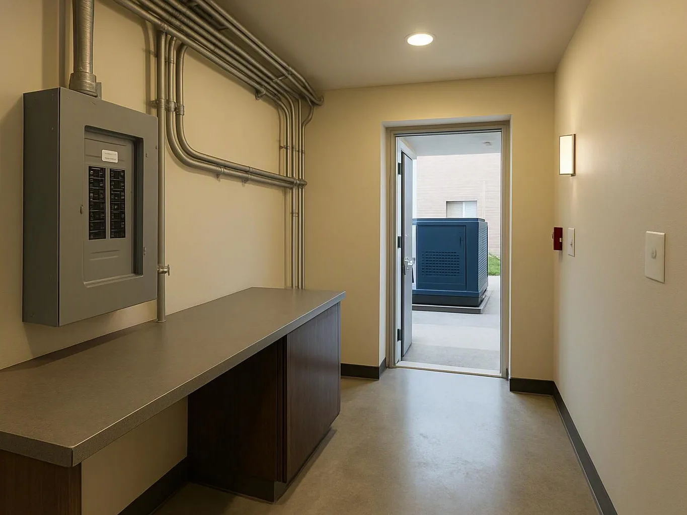 A small utility room holds an electrical panel and countertop, with an open door to an outside generator area