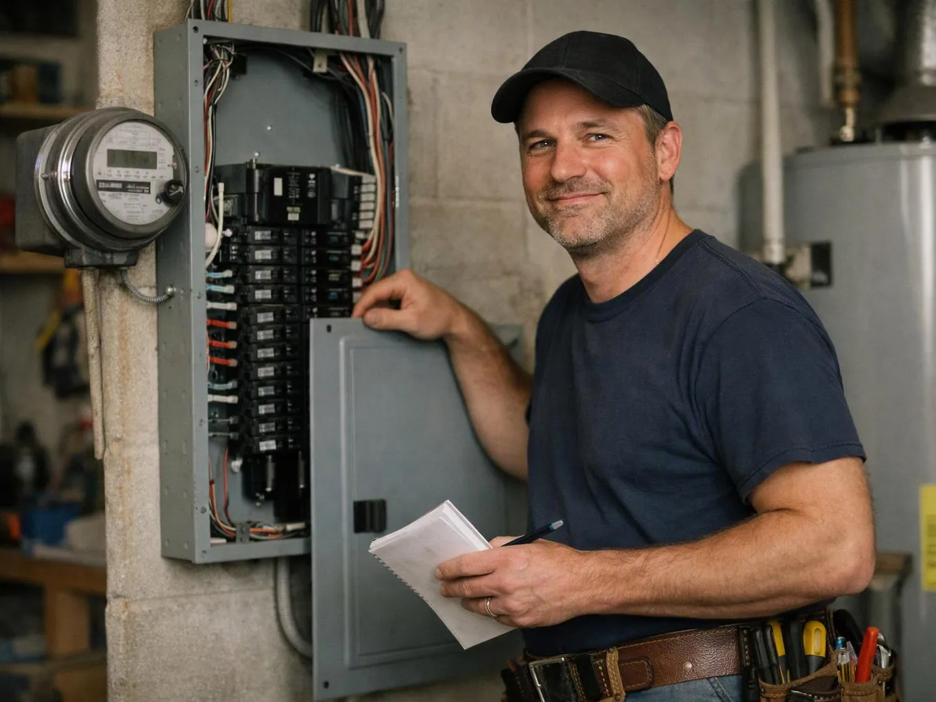 A smiling electrician stands by an open breaker panel, holding a notepad and pen in a basement utility room