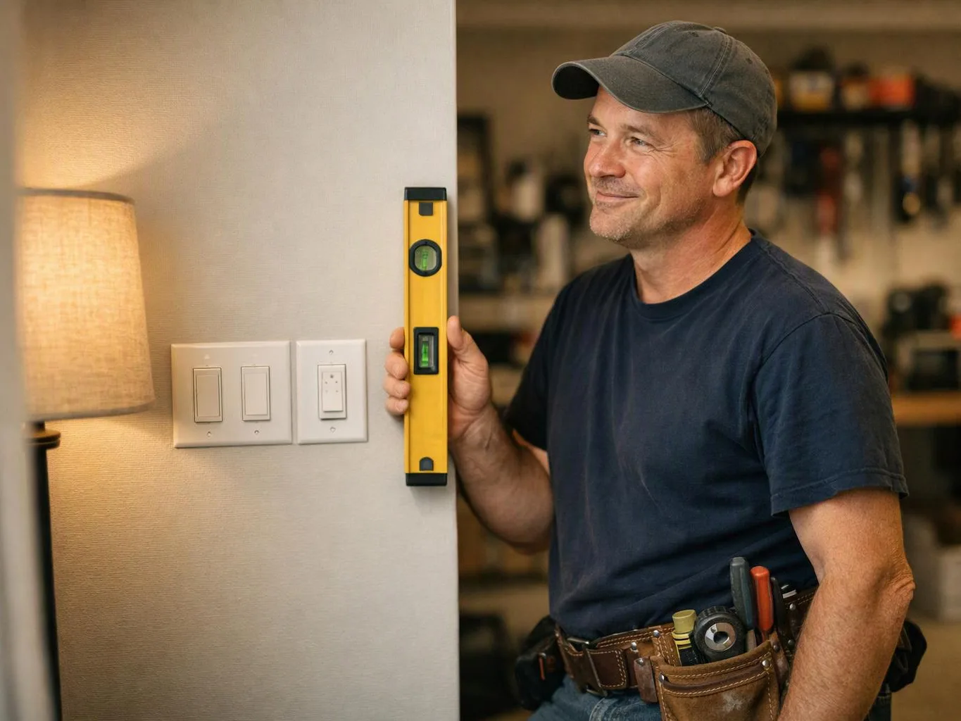 A smiling man in a cap holds a yellow level beside wall switches in a warmly lit room
