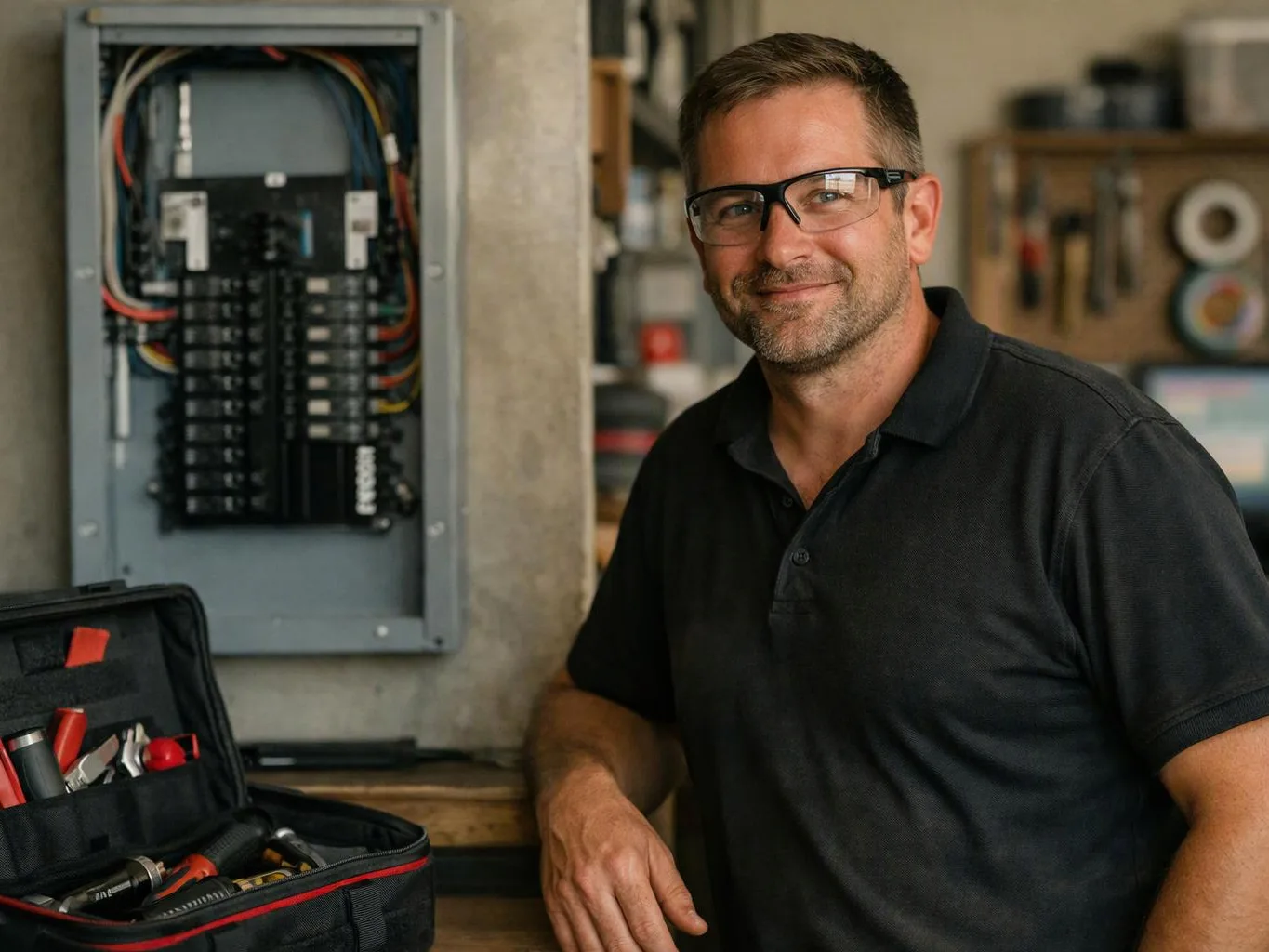 A smiling man in glasses stands beside an open electrical panel and a tool bag in a workshop