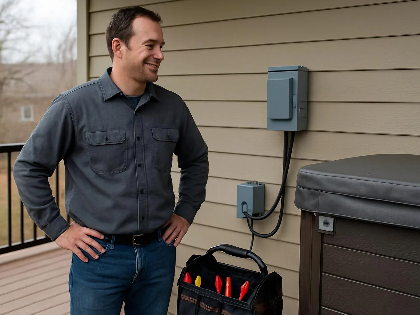 A smiling man stands beside outdoor electrical boxes and a hot tub, with a tool bag on the deck