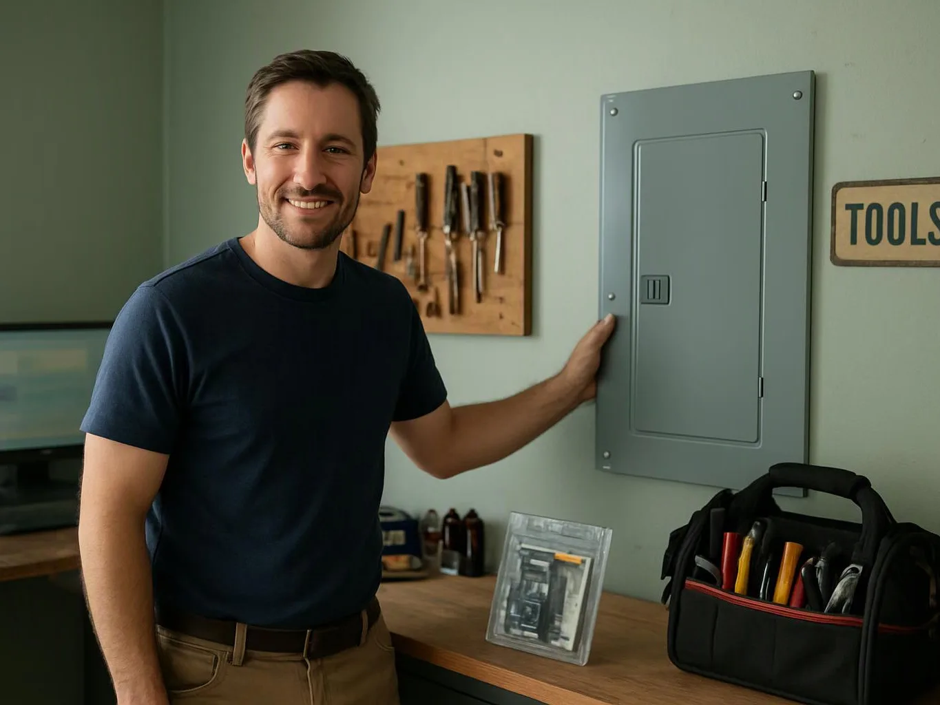 A smiling man stands in a workshop, touching a gray electrical panel beside hanging tools and a tool bag