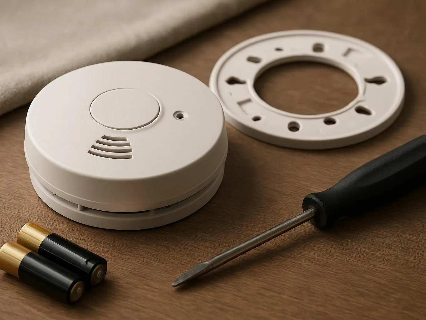 A smoke detector sits beside its mounting plate, batteries, and a screwdriver on a wooden surface