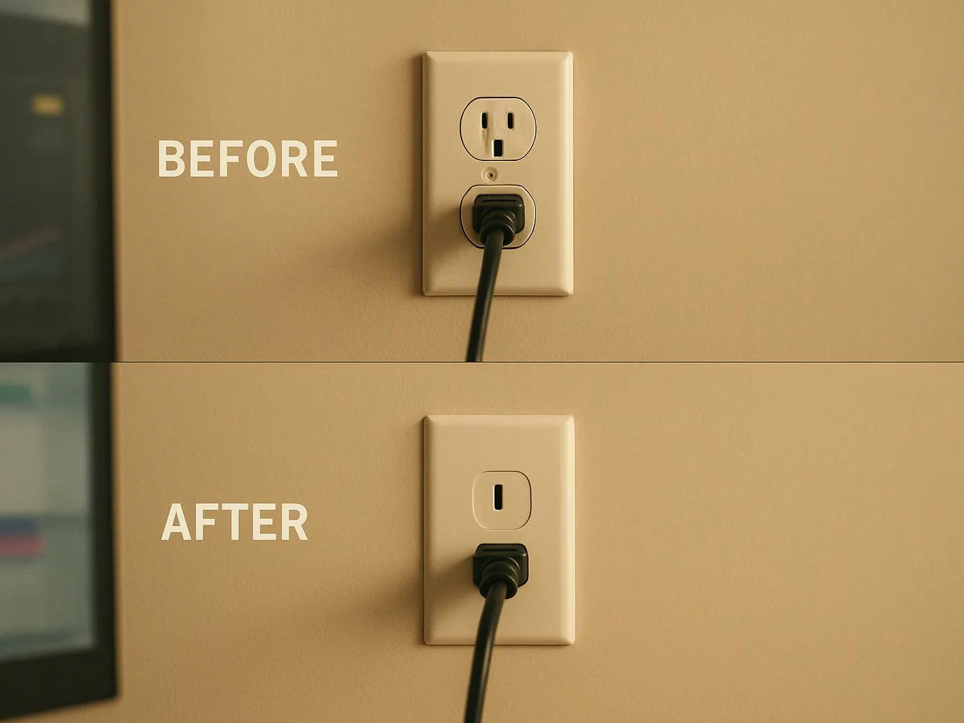 A split before-and-after image shows a wall outlet with a black plug, then a cleaner outlet with one opening covered