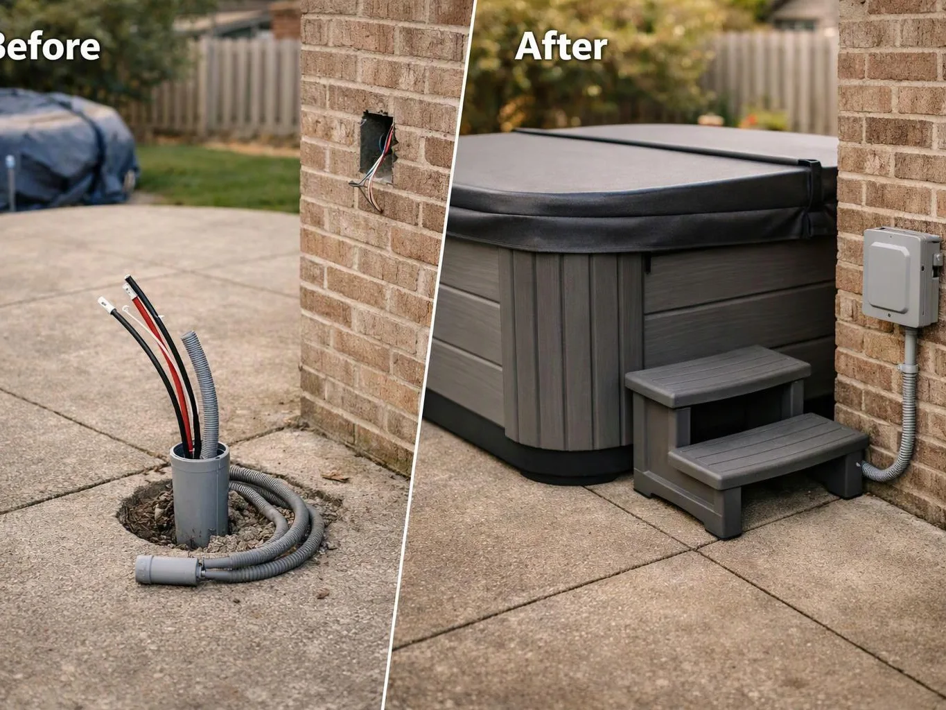 Split before-and-after view shows exposed cables beside a brick wall changed into a covered hot tub setup with steps and conduit