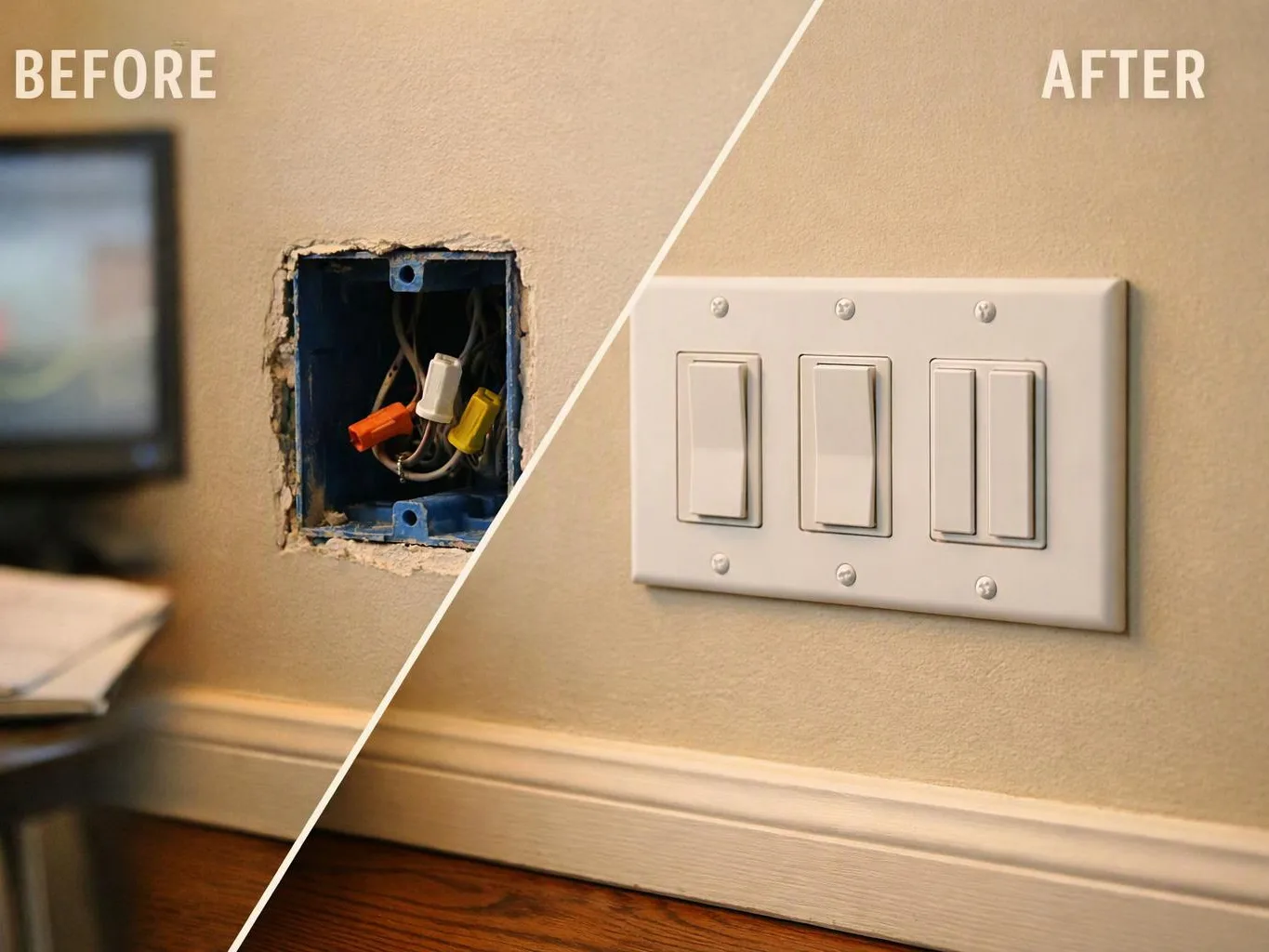 A split before-and-after wall shows an open electrical box on the left and three white switches on the right