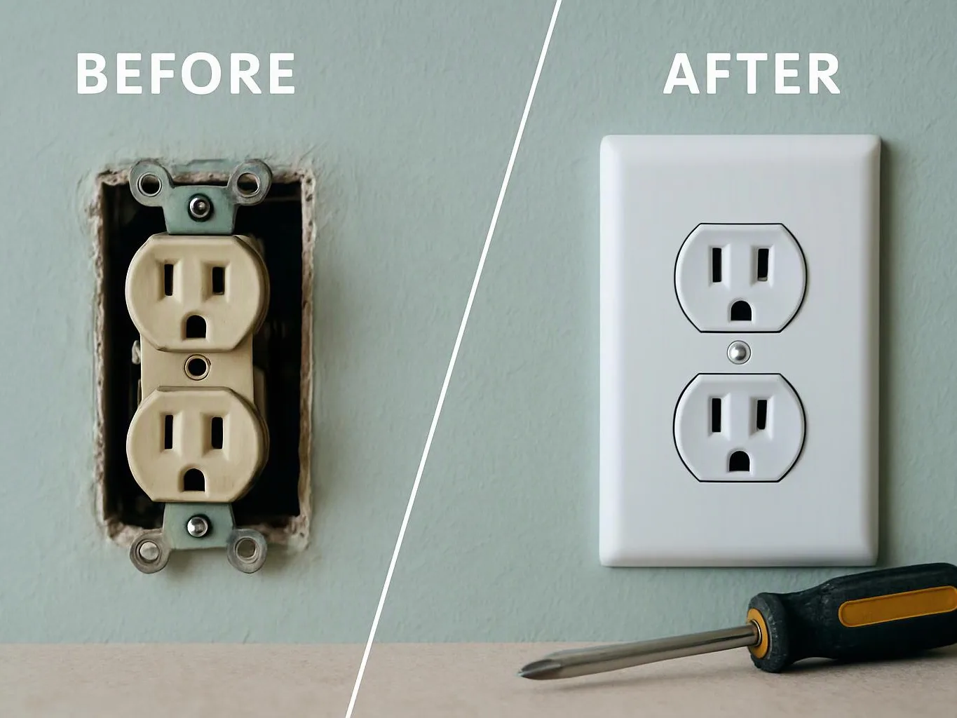 Split image showing a worn electrical outlet before and a clean white outlet after, with a screwdriver on the table