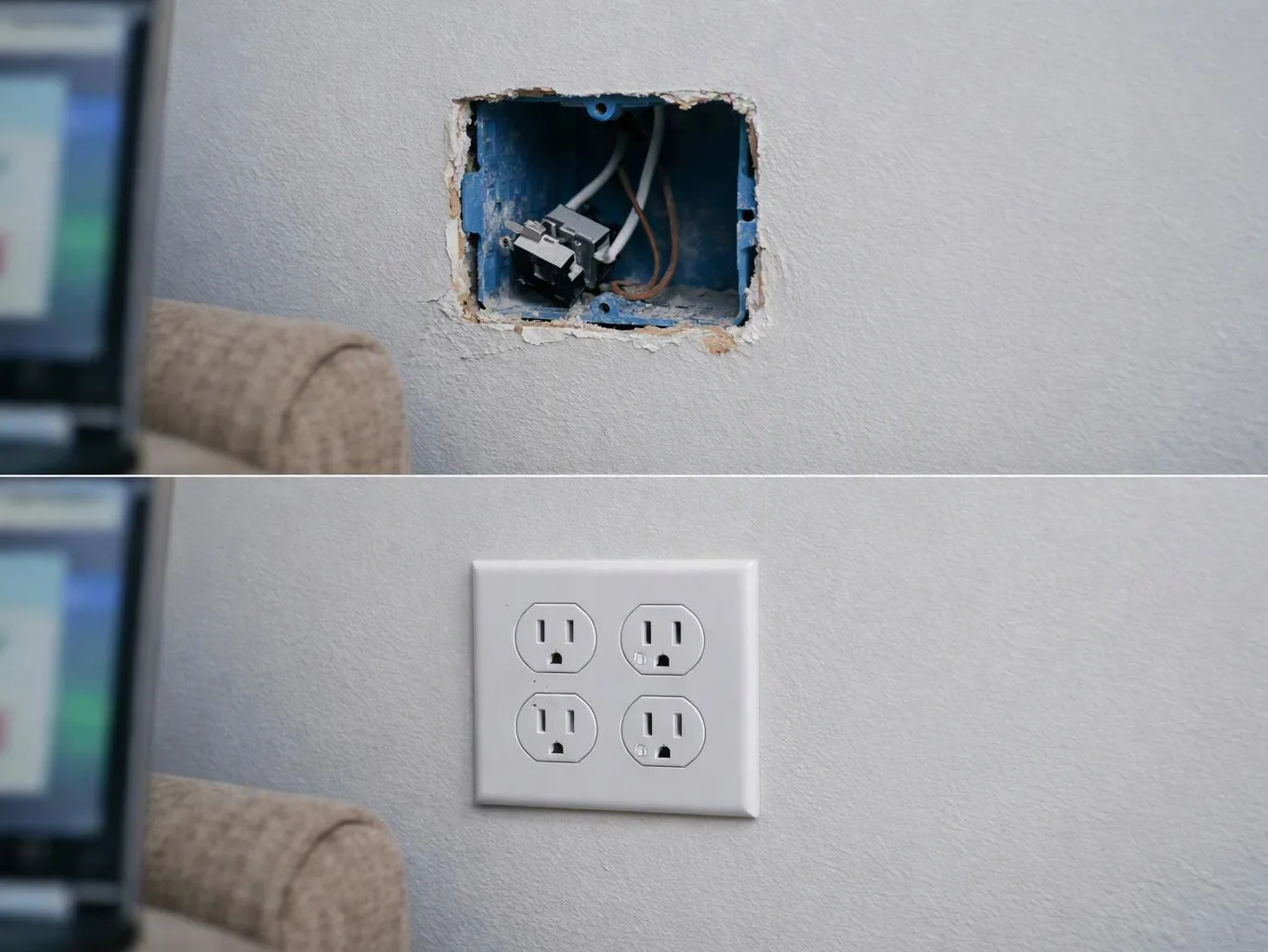 A split image shows an unfinished wall electrical box above and a finished four-outlet wall plate below