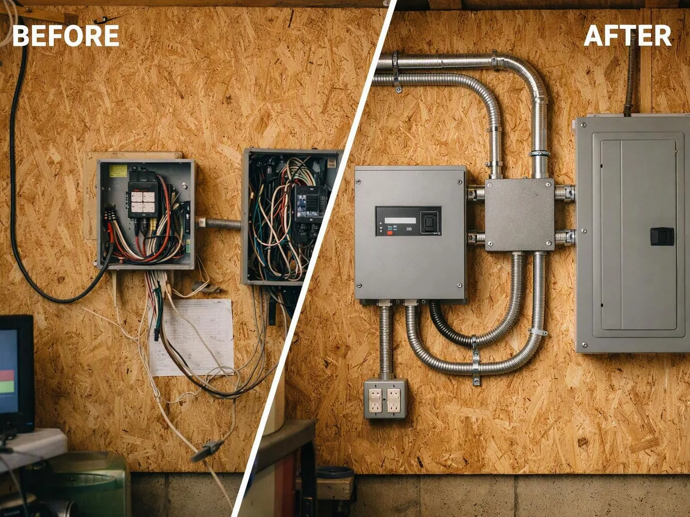 Split view shows messy wall wiring before and neat electrical boxes with conduits after