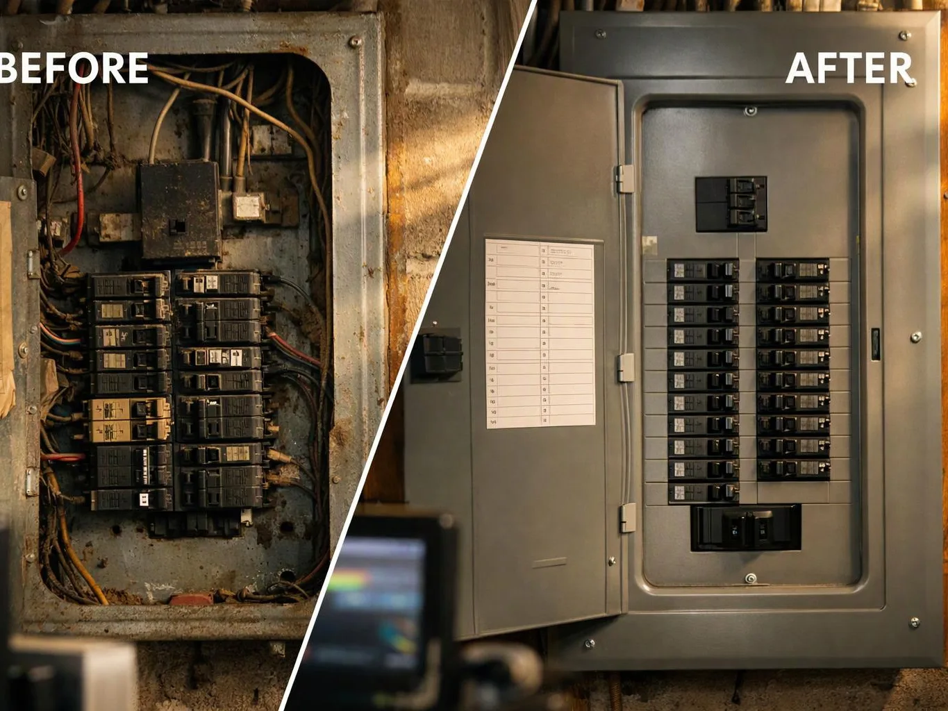 Split view shows an old messy breaker panel beside a clean modern panel labeled before and after