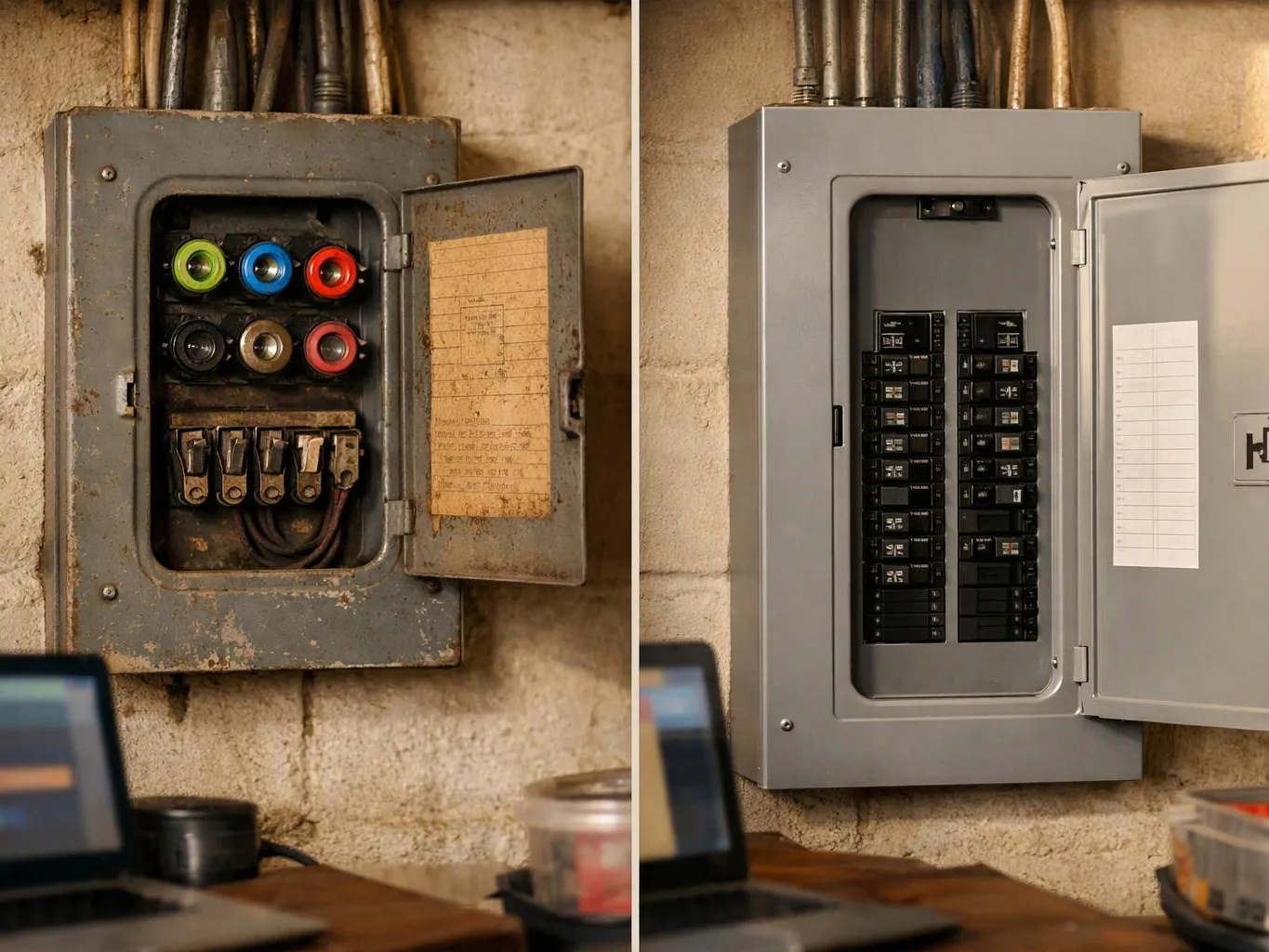 A split view shows an old rusty electrical panel next to a newer gray circuit breaker box with open doors