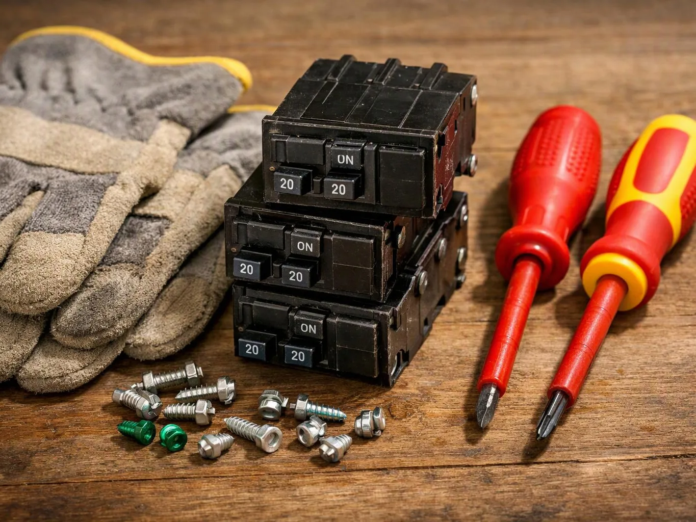 Stacked circuit breakers, gloves, screwdrivers, and loose screws sit on a wooden workbench