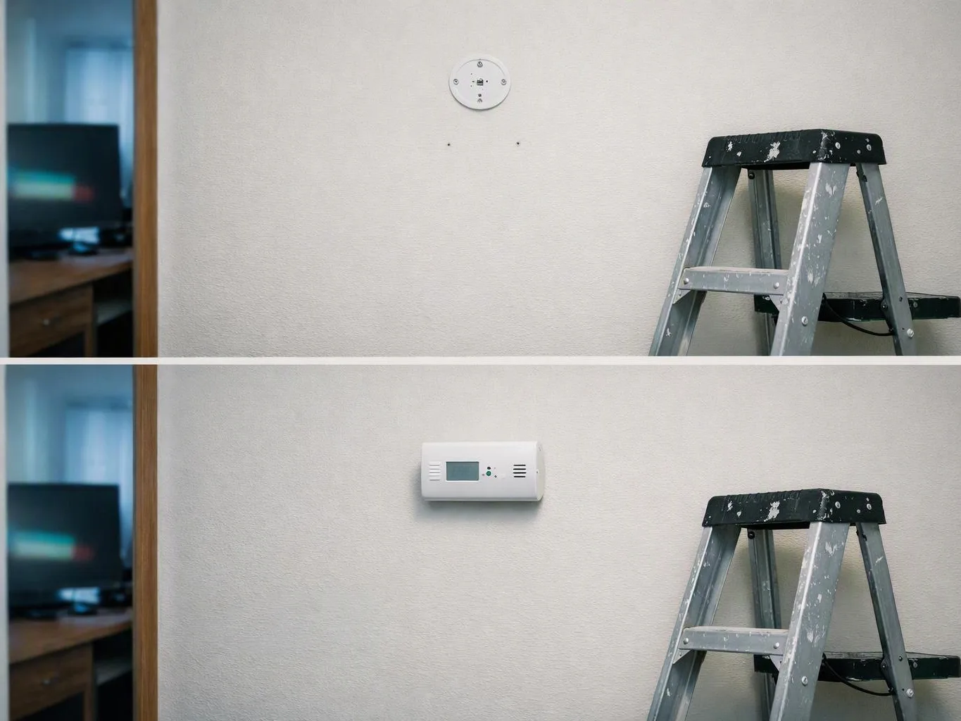 A step ladder stands beside a wall where a small device has been removed, then reinstalled below the same spot