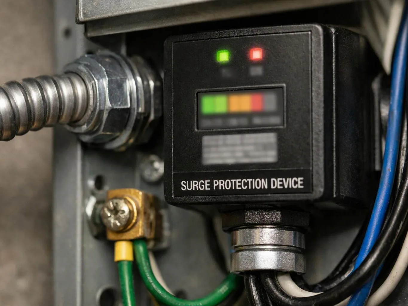 A surge protection device is mounted inside an electrical panel with connected wires and metal conduit