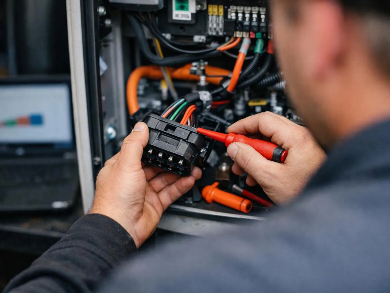 A technician holds a wire connector and probes it inside an open electrical panel