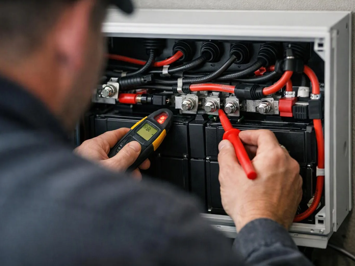 A technician tests wiring inside an open electrical cabinet with a meter and red probes