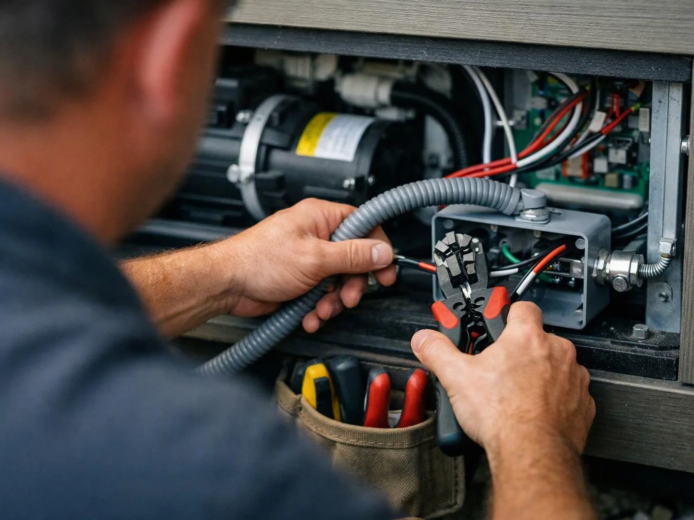 A technician works inside an open electrical cabinet, holding wires with pliers and a gray conduit