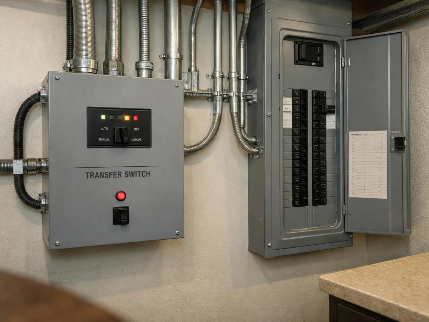 Two gray electrical panels sit on a wall