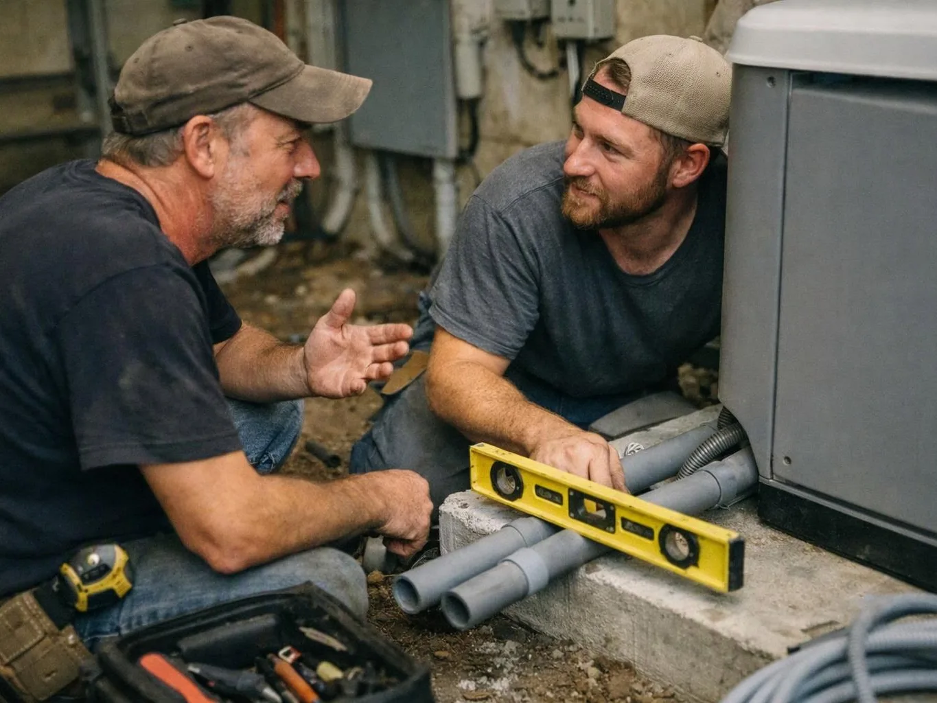 Two men in caps crouch beside an electrical unit, talking while checking gray pipes with a yellow level