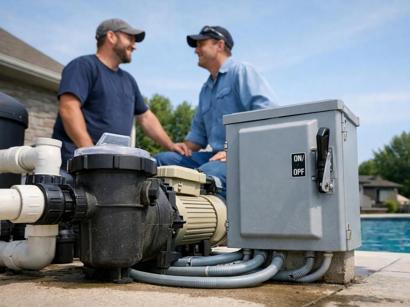 Two men chat beside pool equipment and a gray control box near a backyard pool