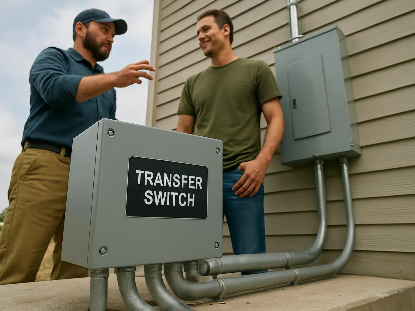 Two men stand beside gray electrical boxes and metal conduit outside a house, talking near a labeled transfer switch