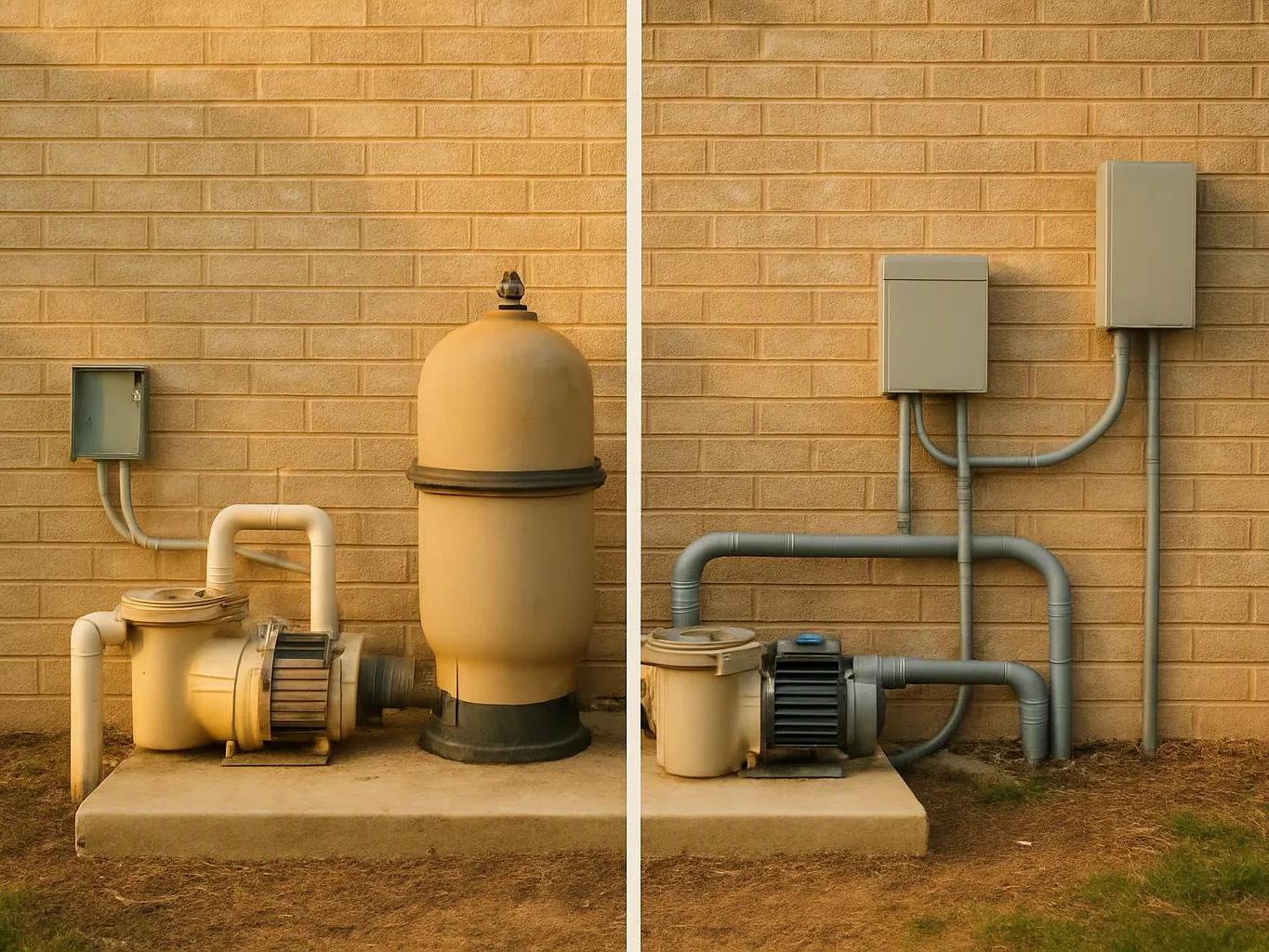 Two side-by-side utility setups show pumps, pipes, and gray electrical boxes mounted against a brick wall