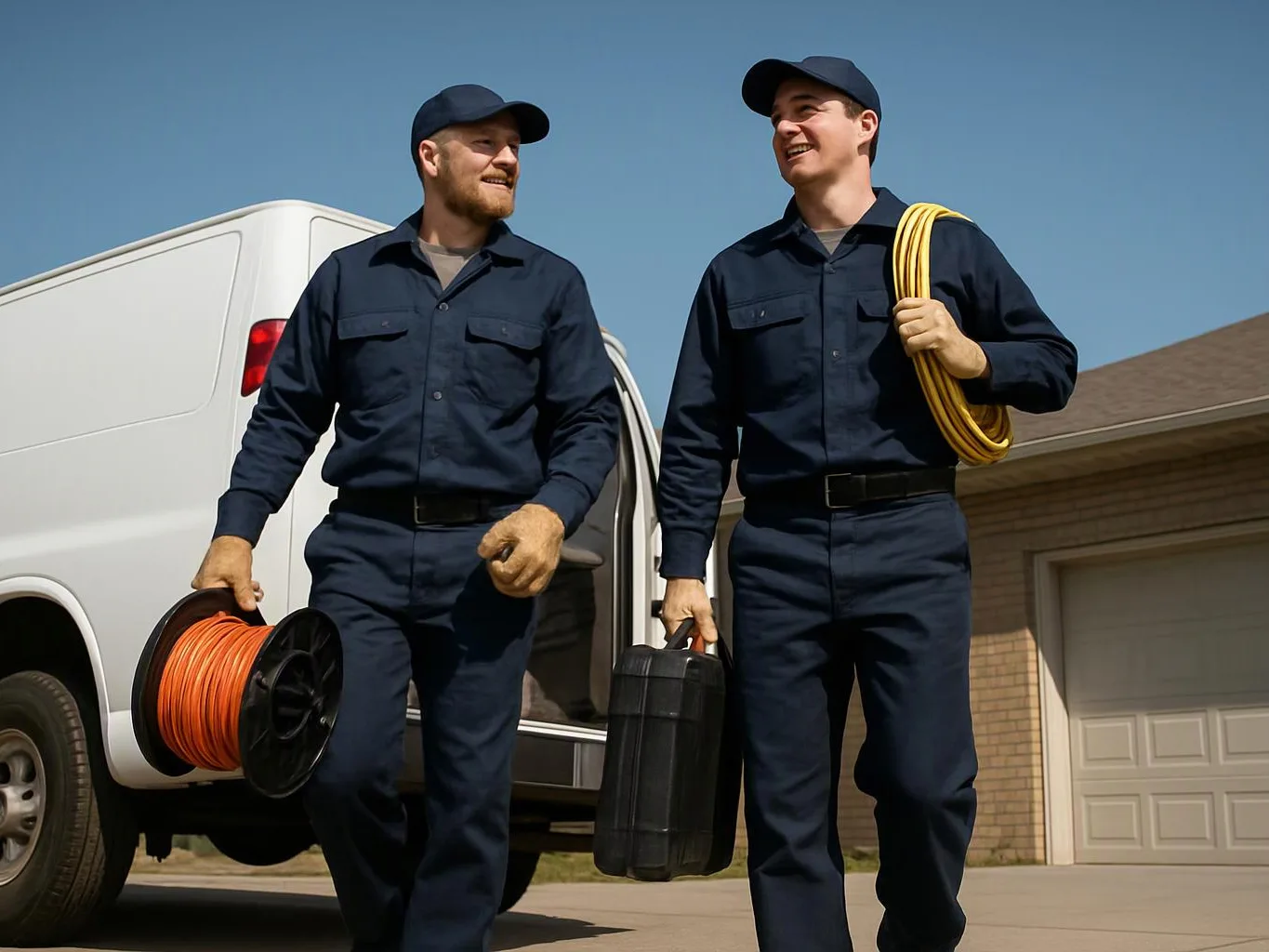 Two uniformed workers walk beside a white van, carrying coiled cable and a black case in a sunny driveway